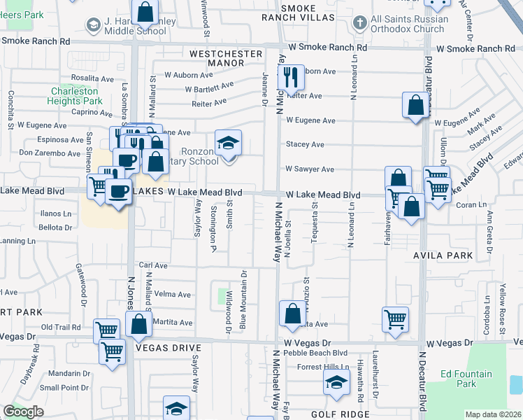 map of restaurants, bars, coffee shops, grocery stores, and more near 5521 West Lake Mead Boulevard in Las Vegas