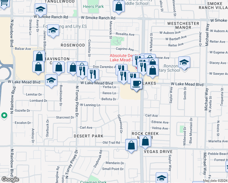 map of restaurants, bars, coffee shops, grocery stores, and more near 6225 Yerba Lane in Las Vegas