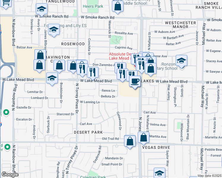 map of restaurants, bars, coffee shops, grocery stores, and more near 6225 Yerba Lane in Las Vegas