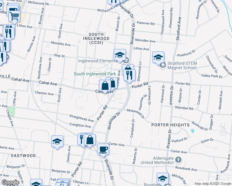map of restaurants, bars, coffee shops, grocery stores, and more near 201 Porter Village Circle in Nashville