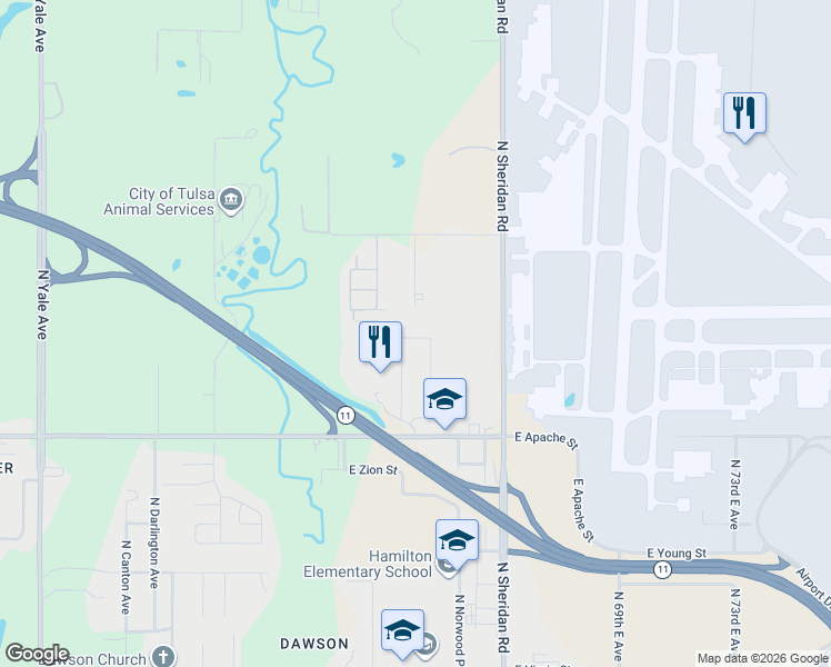 map of restaurants, bars, coffee shops, grocery stores, and more near 2735 North Maplewood Avenue in Tulsa
