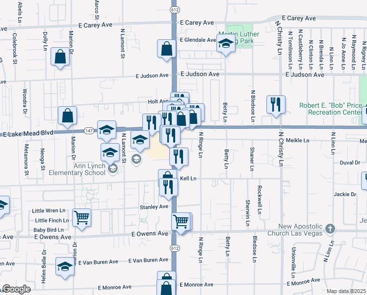 map of restaurants, bars, coffee shops, grocery stores, and more near 1900 North Nellis Boulevard in Las Vegas
