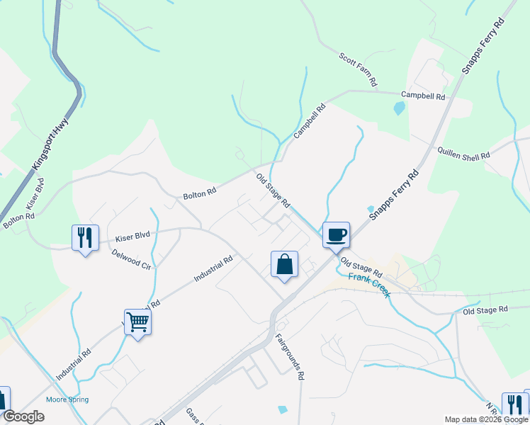 map of restaurants, bars, coffee shops, grocery stores, and more near 41 Roller Street in Greeneville