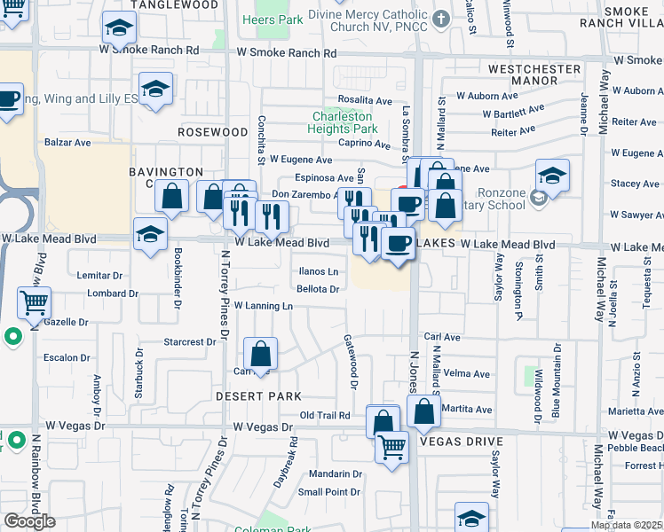 map of restaurants, bars, coffee shops, grocery stores, and more near 6225 Yerba Lane in Las Vegas