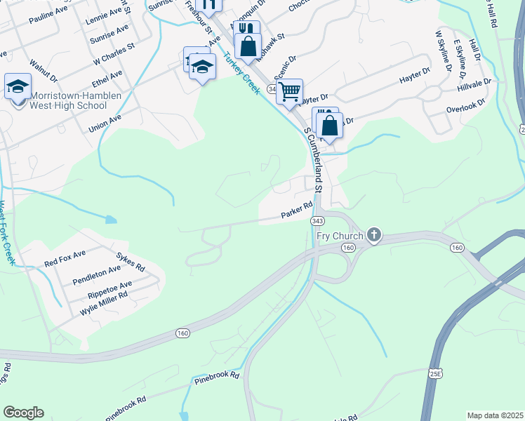 map of restaurants, bars, coffee shops, grocery stores, and more near 238 Parker Road in Morristown