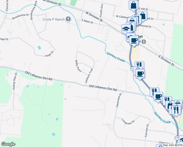 map of restaurants, bars, coffee shops, grocery stores, and more near 208 Jackson Trail in Mt. Juliet
