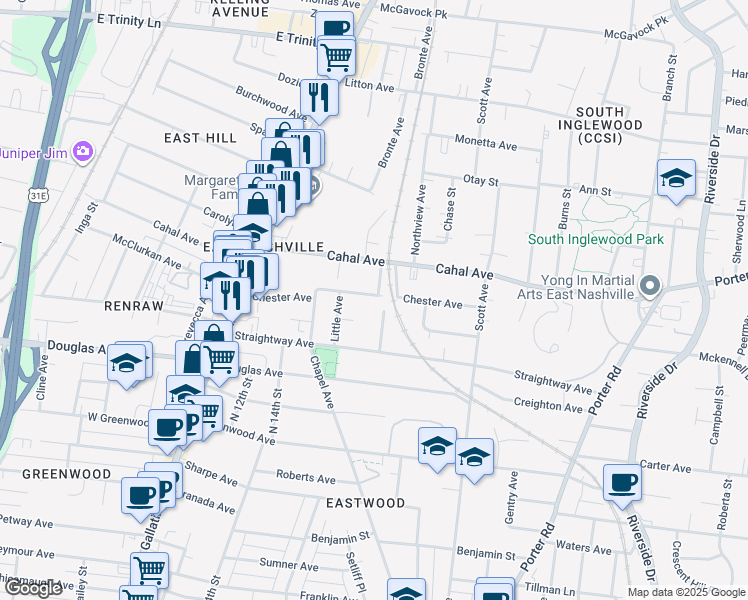 map of restaurants, bars, coffee shops, grocery stores, and more near 1226 Chester Avenue in Nashville