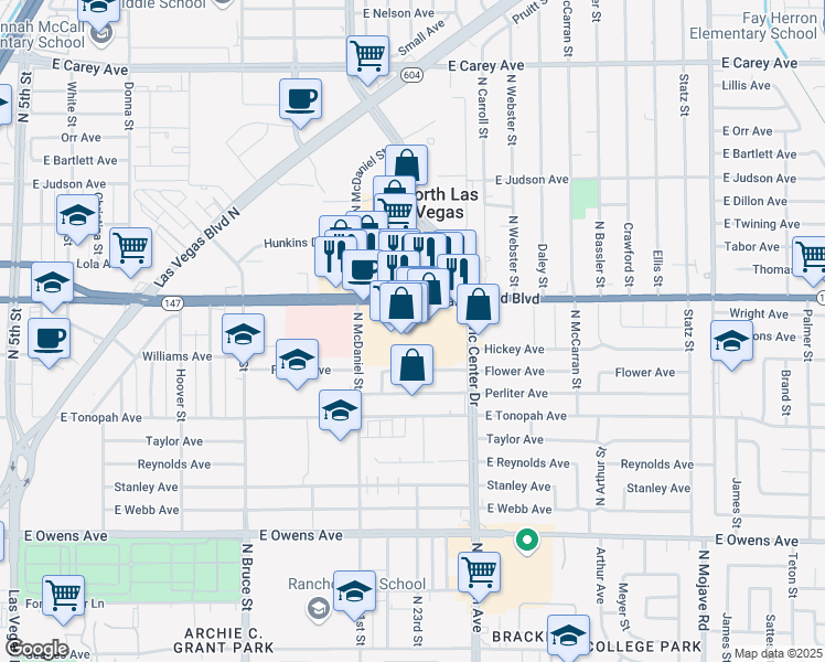 map of restaurants, bars, coffee shops, grocery stores, and more near 2401 East Lake Mead Boulevard in North Las Vegas