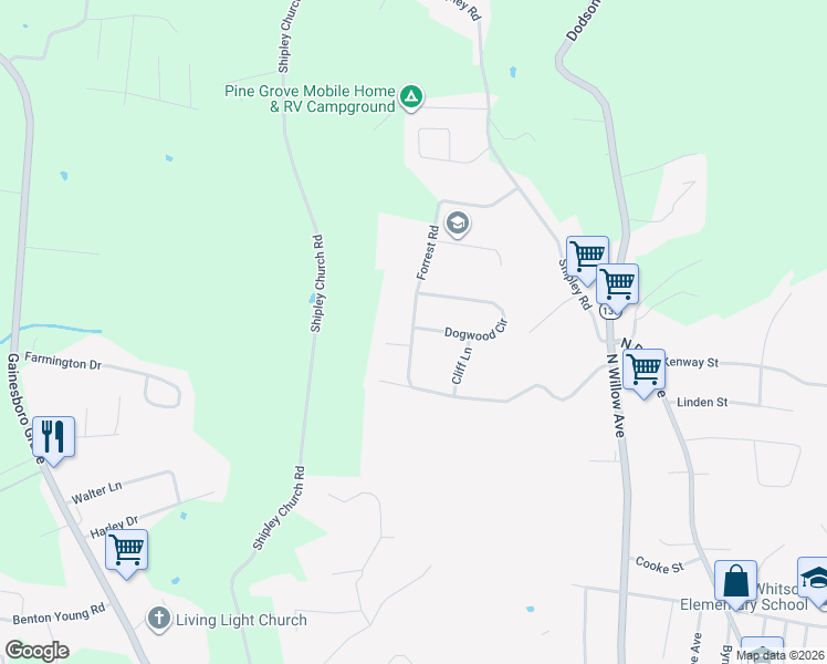 map of restaurants, bars, coffee shops, grocery stores, and more near 1605 Forrest Road in Cookeville