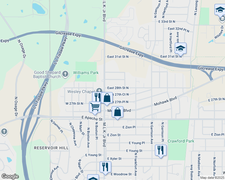map of restaurants, bars, coffee shops, grocery stores, and more near 224 East 28th Street North in Tulsa