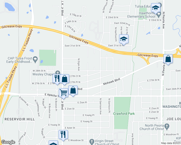 map of restaurants, bars, coffee shops, grocery stores, and more near in Tulsa