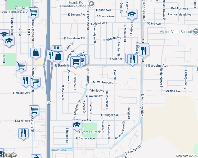 map of restaurants, bars, coffee shops, grocery stores, and more near 1199 Goble Court in Tulare