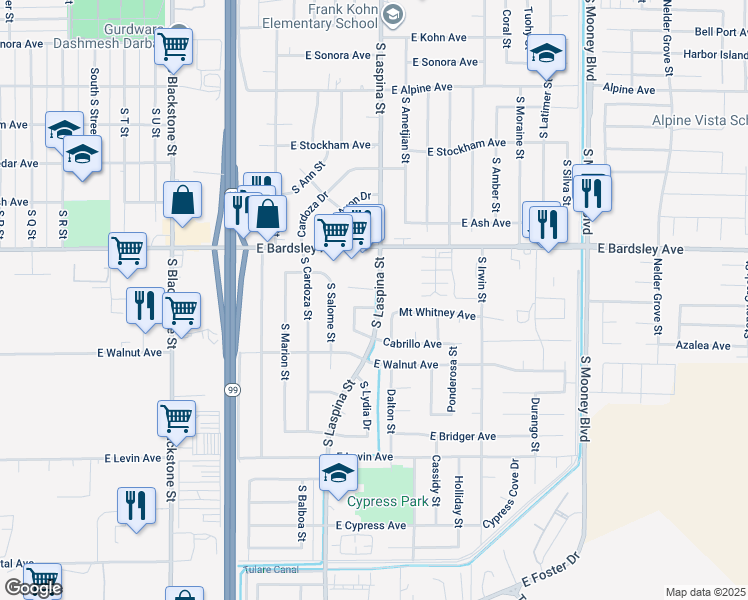 map of restaurants, bars, coffee shops, grocery stores, and more near 1167 South Laspina Street in Tulare