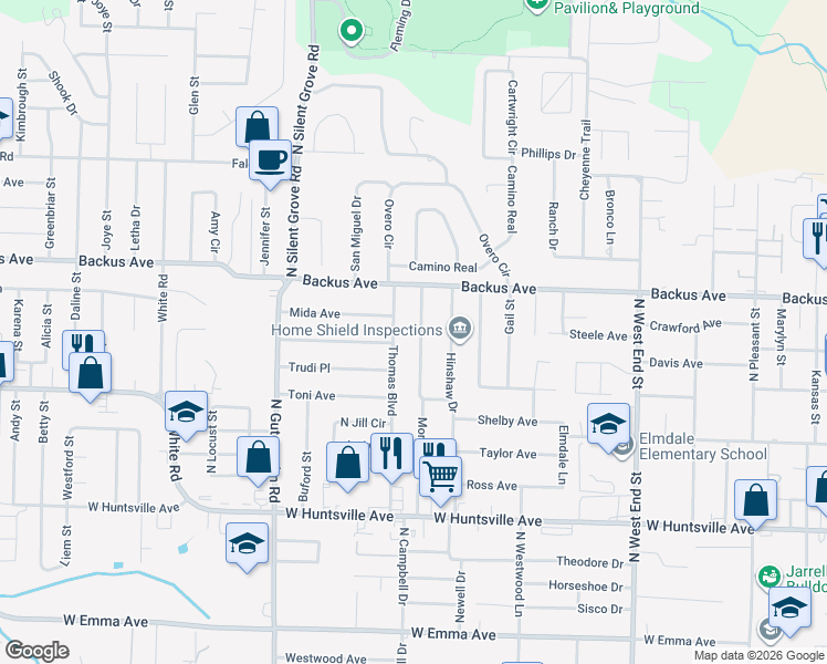 map of restaurants, bars, coffee shops, grocery stores, and more near 1105 Thomas Boulevard in Springdale