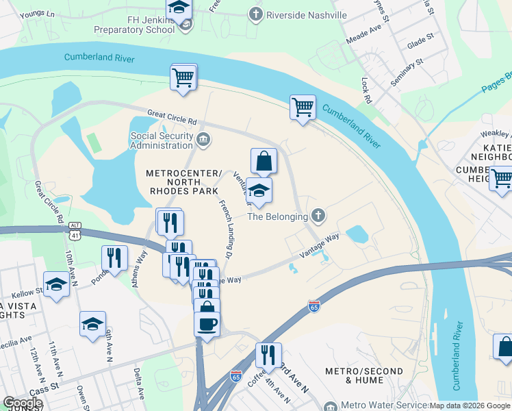 map of restaurants, bars, coffee shops, grocery stores, and more near 230 Venture Circle in Nashville