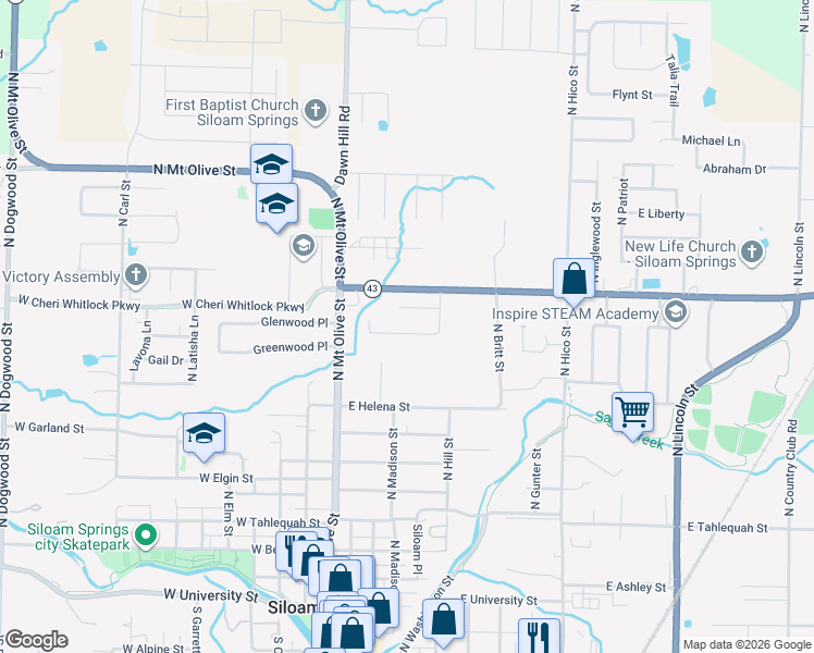 map of restaurants, bars, coffee shops, grocery stores, and more near 904 Raintree Court in Siloam Springs
