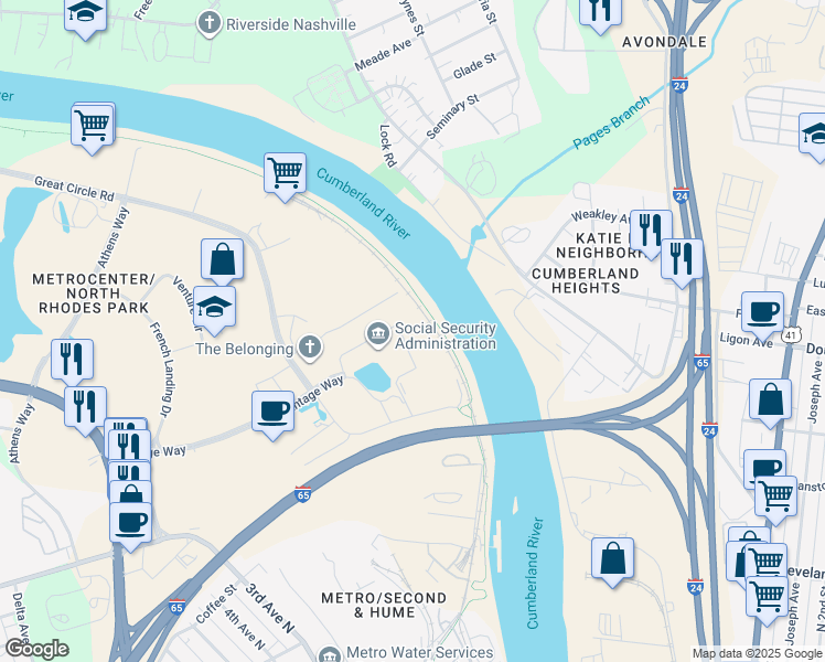map of restaurants, bars, coffee shops, grocery stores, and more near 220 Cumberland Bend in Nashville