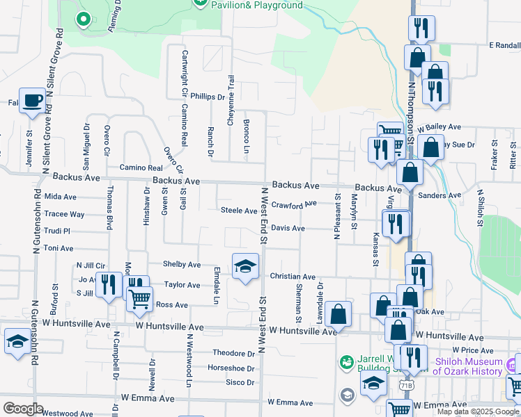 map of restaurants, bars, coffee shops, grocery stores, and more near 1001 North West End Street in Springdale