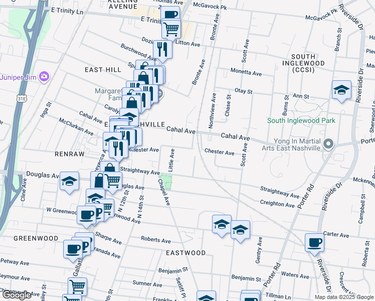 map of restaurants, bars, coffee shops, grocery stores, and more near 1224 Chester Avenue in Nashville