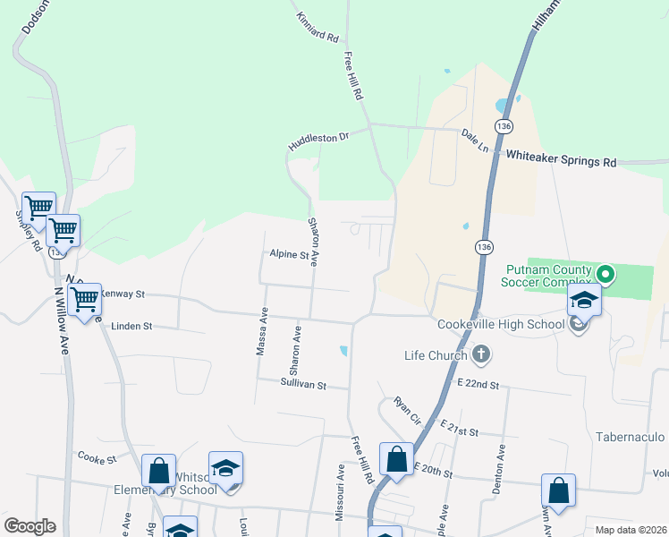 map of restaurants, bars, coffee shops, grocery stores, and more near 420 Wedgewood Street in Cookeville