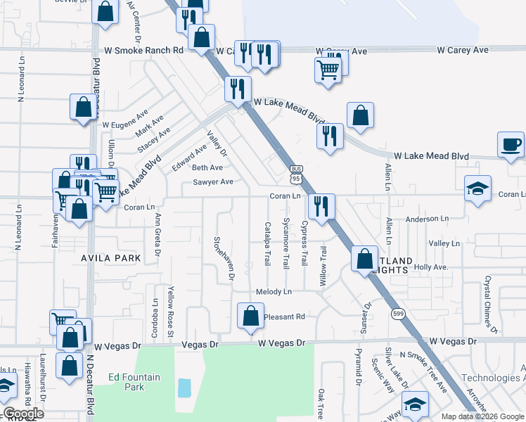 map of restaurants, bars, coffee shops, grocery stores, and more near 1963 Catalpa Trail in Las Vegas