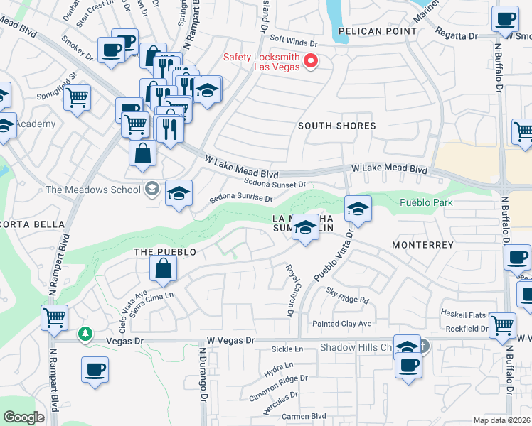 map of restaurants, bars, coffee shops, grocery stores, and more near 1951 Pueblo Vista Drive in Las Vegas