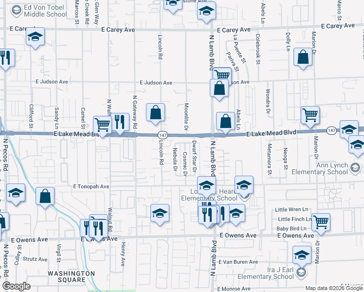 map of restaurants, bars, coffee shops, grocery stores, and more near 1983 Cosmic Drive in Las Vegas