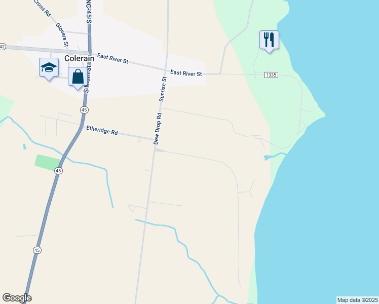map of restaurants, bars, coffee shops, grocery stores, and more near 115 Chowan Shores Drive in Colerain