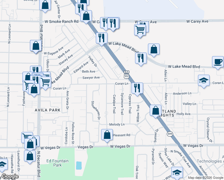 map of restaurants, bars, coffee shops, grocery stores, and more near 1963 Catalpa Trail in Las Vegas