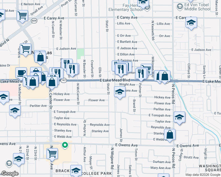 map of restaurants, bars, coffee shops, grocery stores, and more near 1912 Statz Street in North Las Vegas