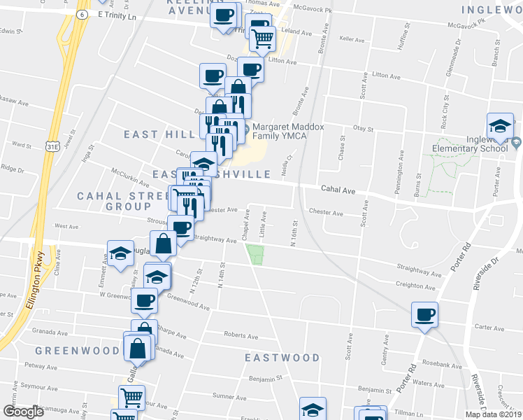 map of restaurants, bars, coffee shops, grocery stores, and more near 1208 Chester Avenue in Nashville