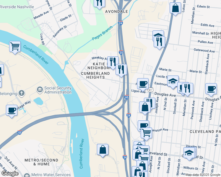 map of restaurants, bars, coffee shops, grocery stores, and more near 20 Willis Street in Nashville