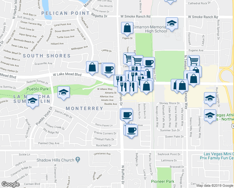 map of restaurants, bars, coffee shops, grocery stores, and more near 7605 Almeria Street in Las Vegas
