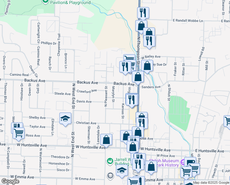 map of restaurants, bars, coffee shops, grocery stores, and more near 1103 Marylyn St in Springdale