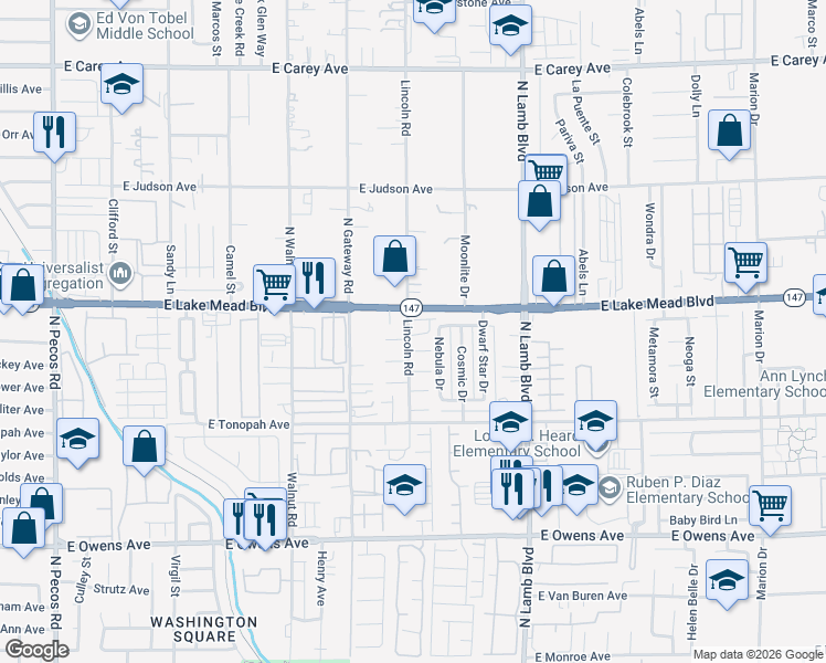 map of restaurants, bars, coffee shops, grocery stores, and more near 4106 Walnut Star Lane in Las Vegas