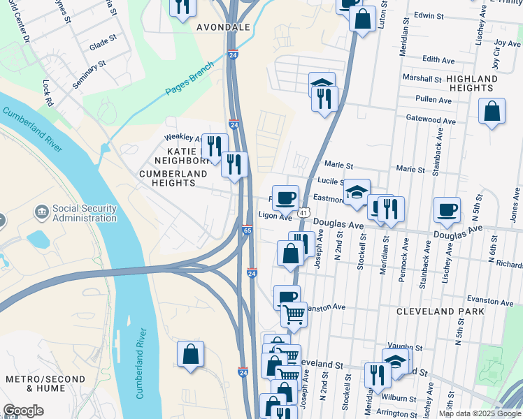 map of restaurants, bars, coffee shops, grocery stores, and more near 22 Ligon Avenue in Nashville