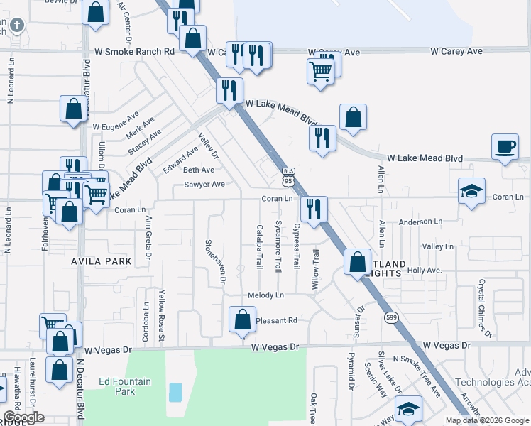 map of restaurants, bars, coffee shops, grocery stores, and more near 1963 Catalpa Trail in Las Vegas