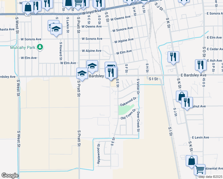 map of restaurants, bars, coffee shops, grocery stores, and more near 524 West Meadow Court in Tulare