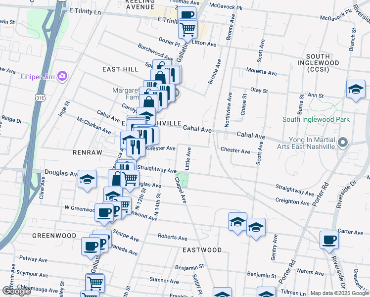 map of restaurants, bars, coffee shops, grocery stores, and more near 1208 Chester Avenue in Nashville