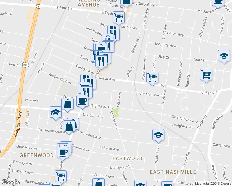 map of restaurants, bars, coffee shops, grocery stores, and more near 1208 Chester Avenue in Nashville