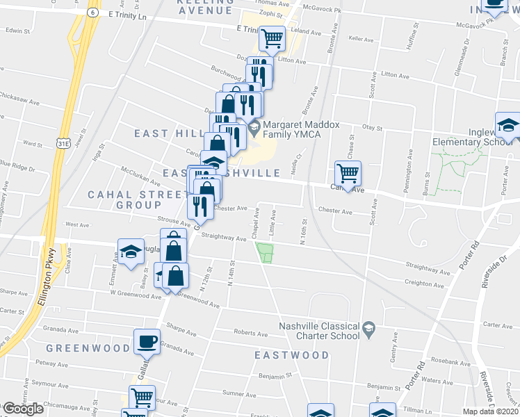 map of restaurants, bars, coffee shops, grocery stores, and more near 1127A Chester Avenue in Nashville