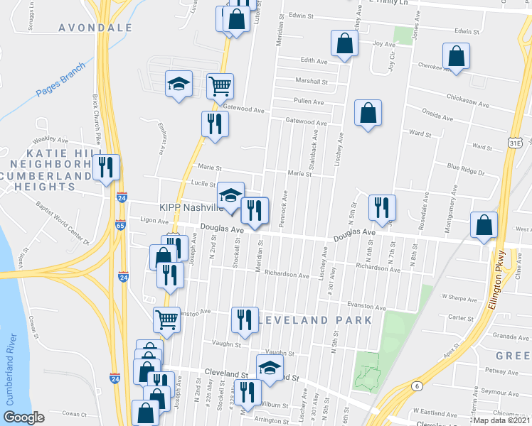 map of restaurants, bars, coffee shops, grocery stores, and more near 1312 Meridian Street in Nashville