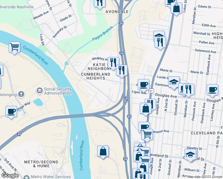 map of restaurants, bars, coffee shops, grocery stores, and more near 20 Willis Street in Nashville