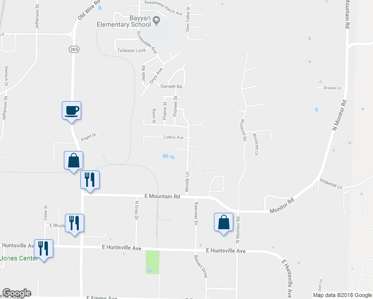 map of restaurants, bars, coffee shops, grocery stores, and more near 1246 Moody Lane in Springdale