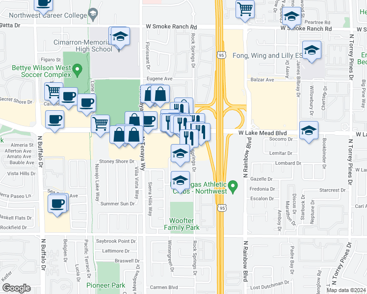 map of restaurants, bars, coffee shops, grocery stores, and more near 1955 Rock Springs Drive in Las Vegas