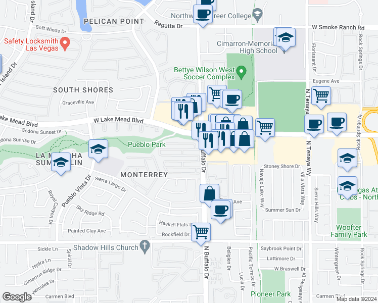map of restaurants, bars, coffee shops, grocery stores, and more near 7625 Almeria Ave in Las Vegas