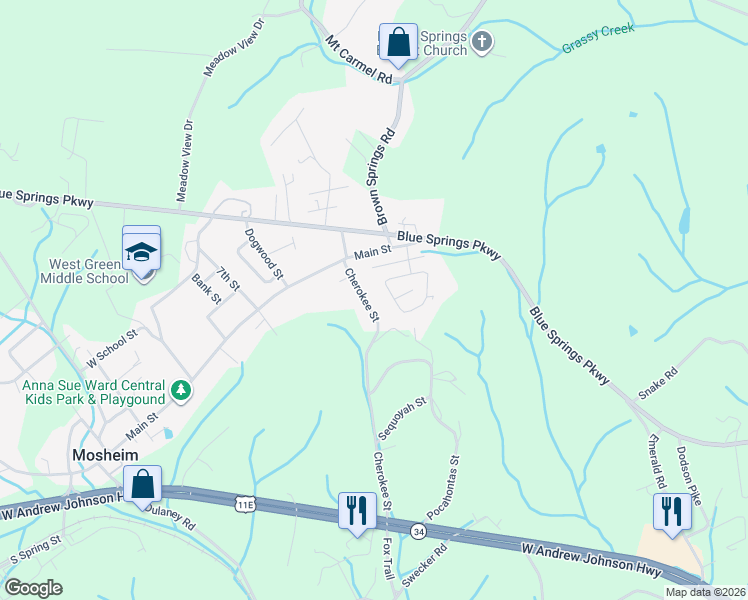 map of restaurants, bars, coffee shops, grocery stores, and more near 526 Cherokee Street in Mosheim