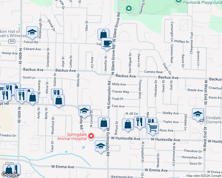 map of restaurants, bars, coffee shops, grocery stores, and more near 1101 North Gutensohn Road in Springdale