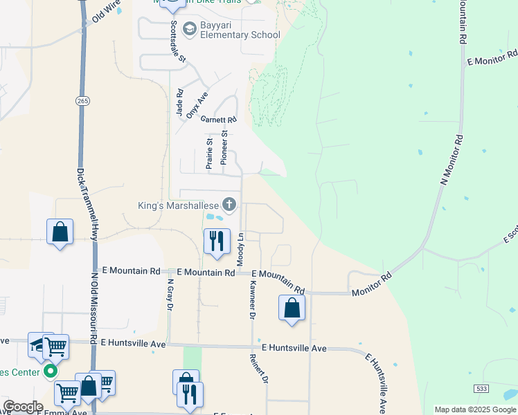 map of restaurants, bars, coffee shops, grocery stores, and more near 2200 East Mountain Road in Springdale