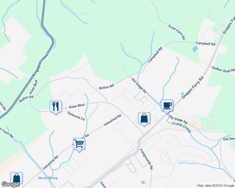 map of restaurants, bars, coffee shops, grocery stores, and more near 129 Oakland Park in Greeneville